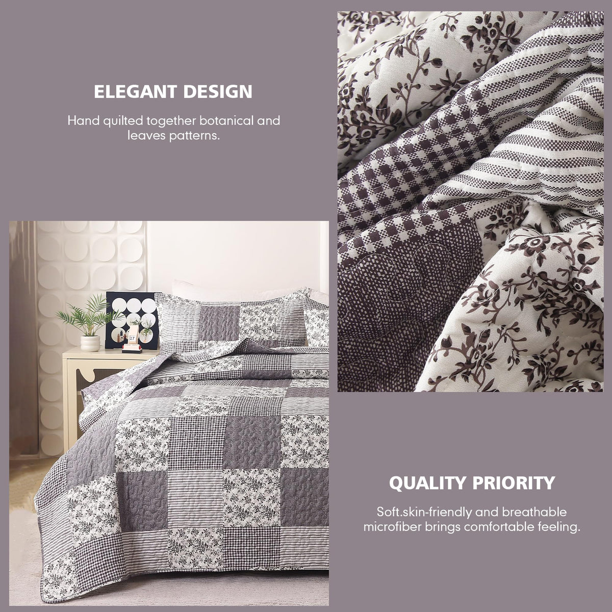 3Pcs Quilt Set, Floral Prints and Stripes with Patchwork Pattern