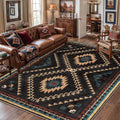 Machine Washable Western Rug with Aztec Pattern, Low Pile and Non-Slip