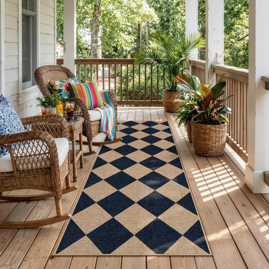 Checkered Easy Jute Non Slip Runner Rug, Kitchen Runner Rug Washable Outdoor Rug Indoor, Checkerboard Black