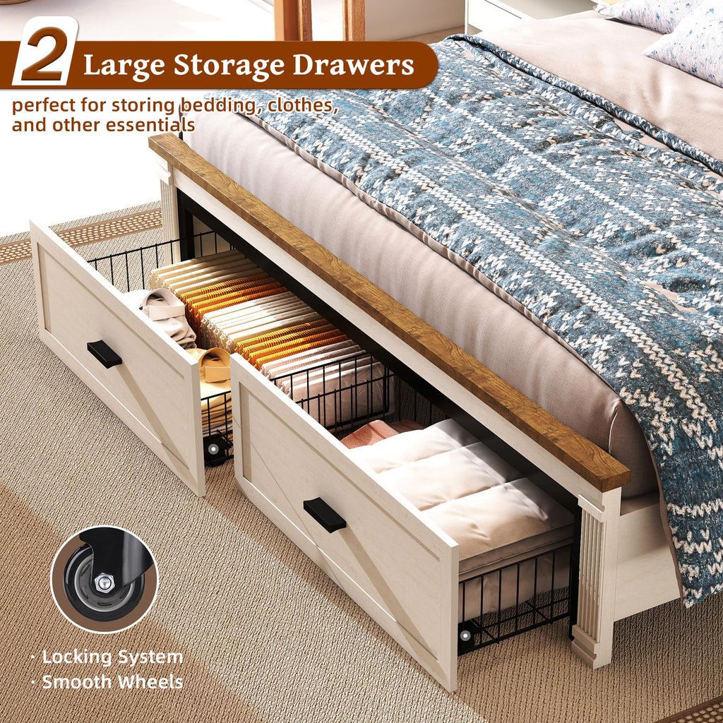 53.1" Tall Bed Frame with Farmhouse Roman Column Headboard, LED Lights, Charging Station, 2 Storage Drawers &