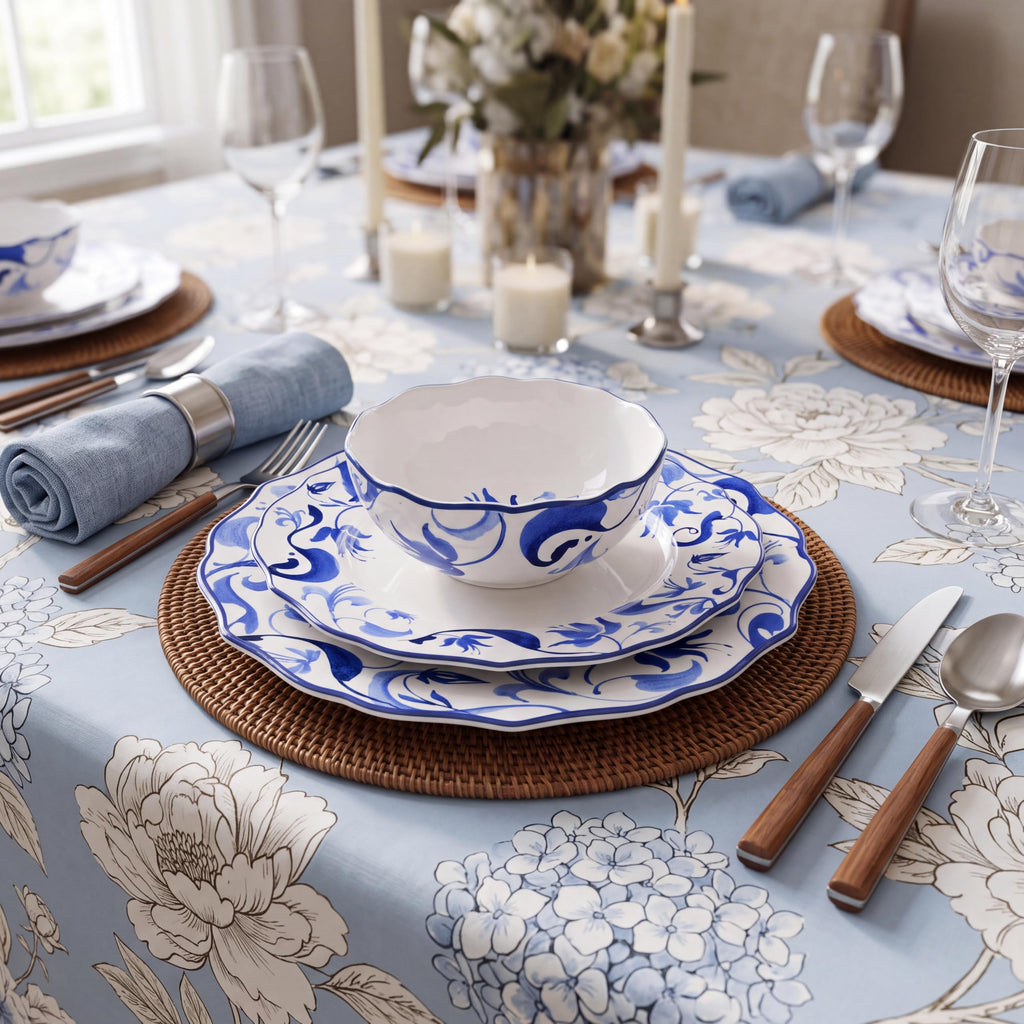 12-Piece Porcelain Dinnerware Set for 4, Blue & White Plates and Bowls Set, Glossy Ceramic Dish Set with Beautiful