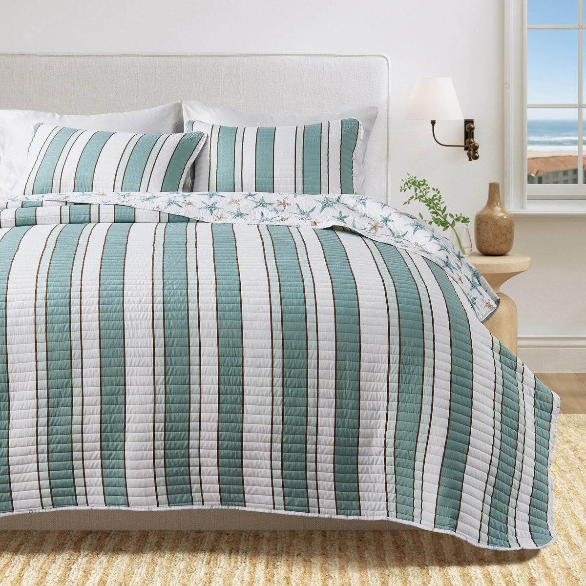 Coastal Quilt Set - 3-Piece Size Striped Bedding Set - Lightweight, All-Season, Reversible