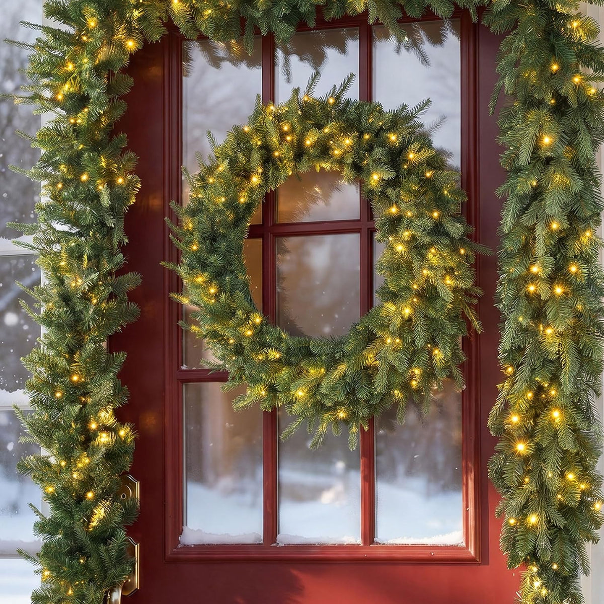 3 Pack 32"D Pre-Lit Artificial Christmas Wreath, Greenery Pine Wreath and Matching Set of 2 9ft Christmas Garlands