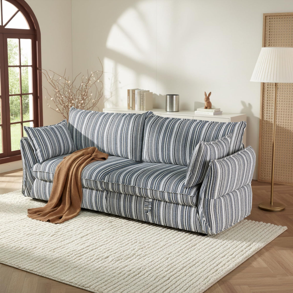 86" Modern Farmhouse Couch - 3 Seater Sofa with Striped Fabric Coastal Storage Sofas with Two Arm Pillows and Wood