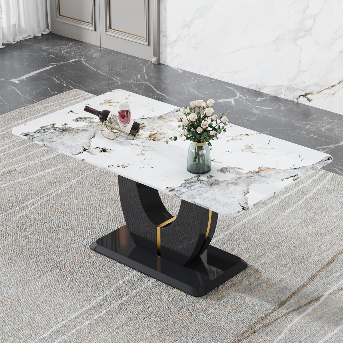 Inspired Saarinen Style 71-Inch White Faux Marble Dining Table with Black Pedestal Base
