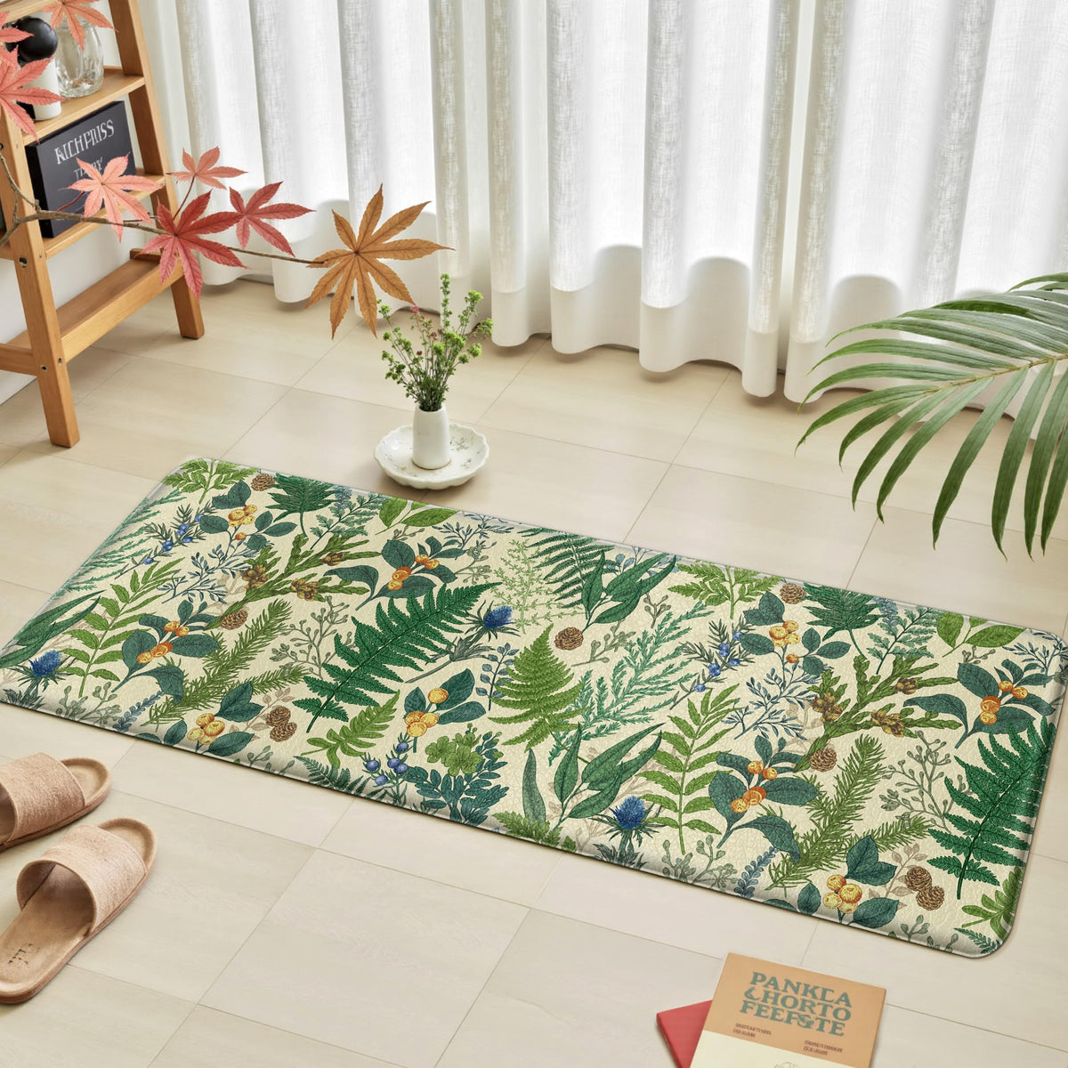 2PC Botanical Kitchen Rugs Set, Beige Green, 17.3"x28" + 17.3"x47"