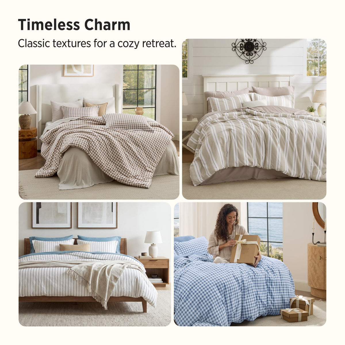 Brown Gingham Comforter Set, Soft Fall Bedding 3 pcs