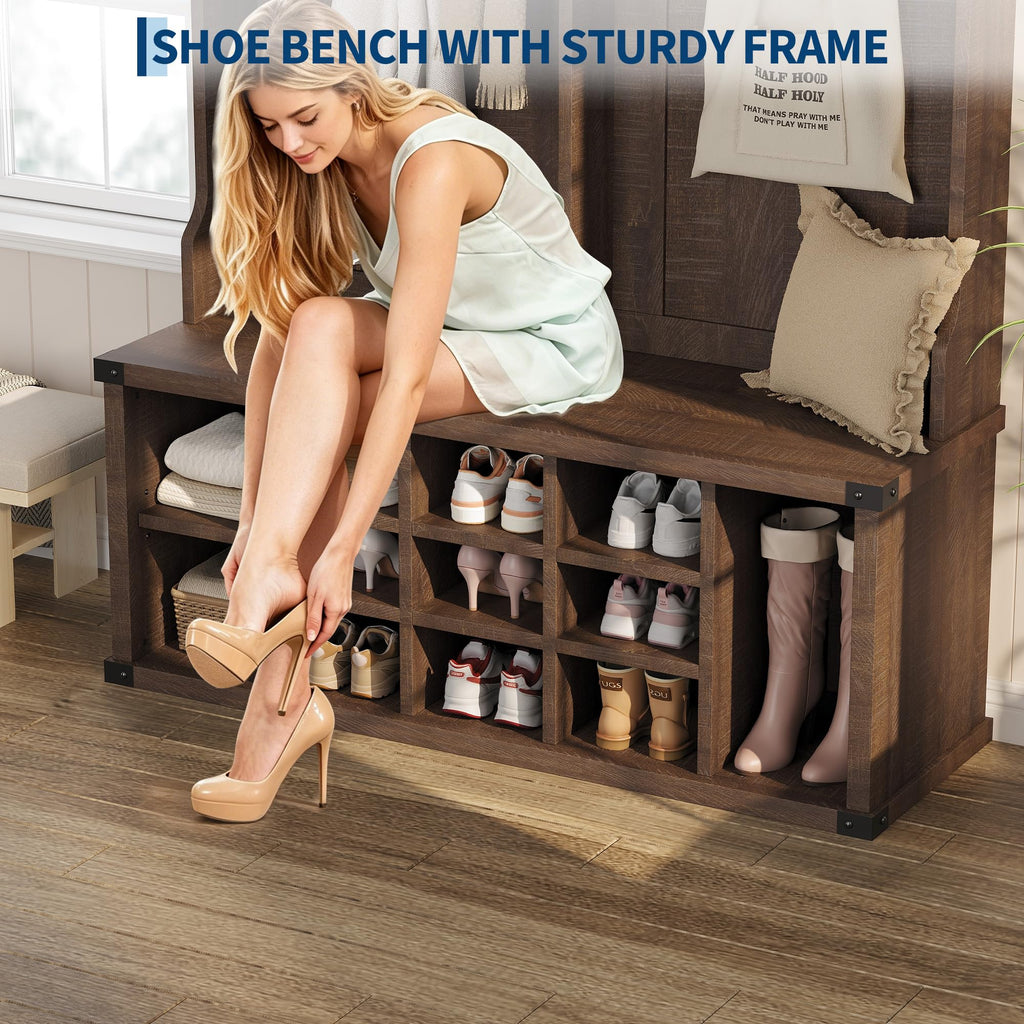 Farmhouse Hall Tree with Shoe Bench Coat Rack & Entryway Storage