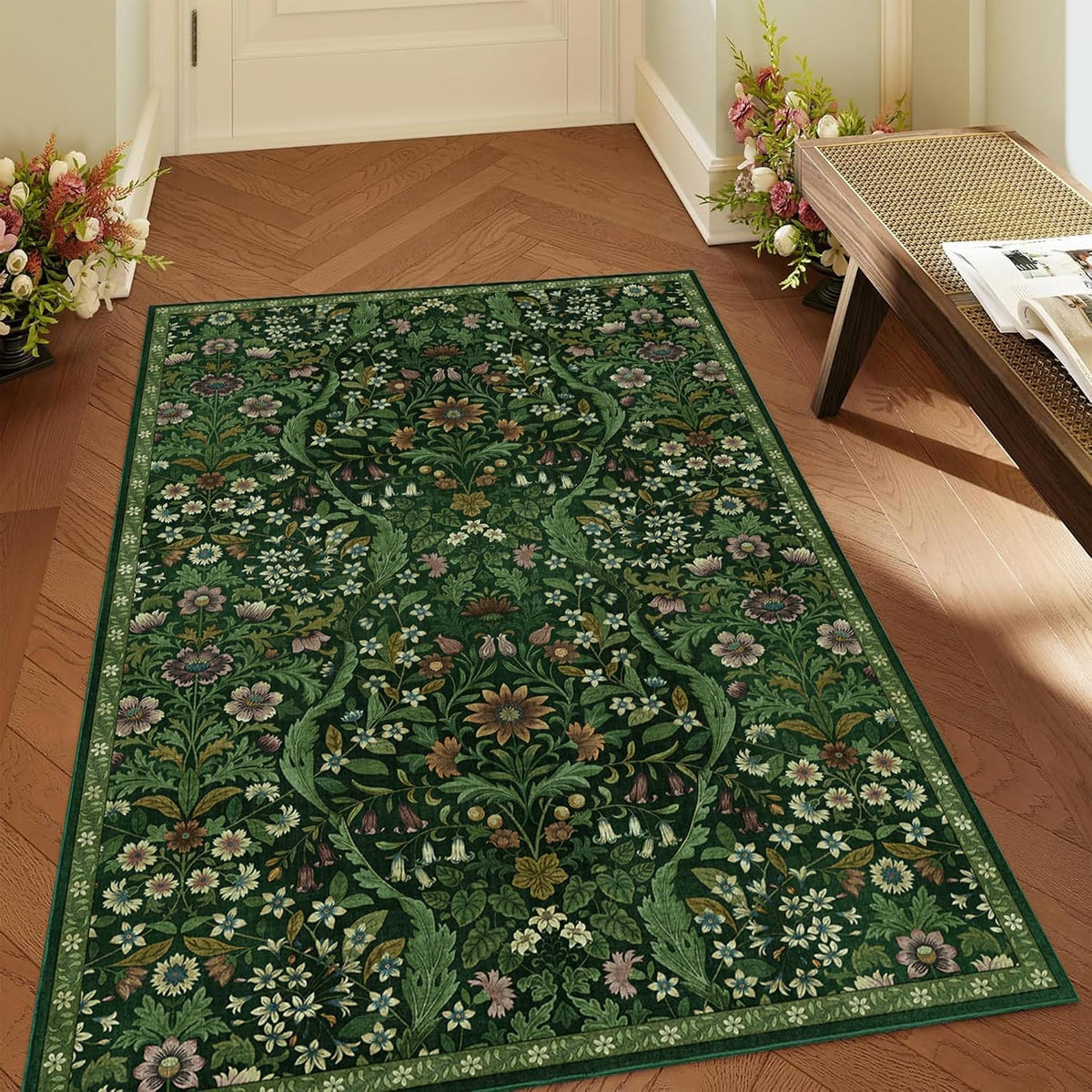Floral Area Rug Soft Low Pile Boho Carpet