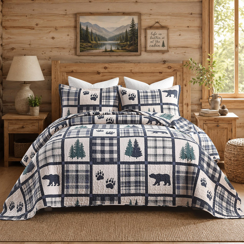Bear Patchwork Quilt Set - Rustic Cabin Bedding Navy 3 Pieces