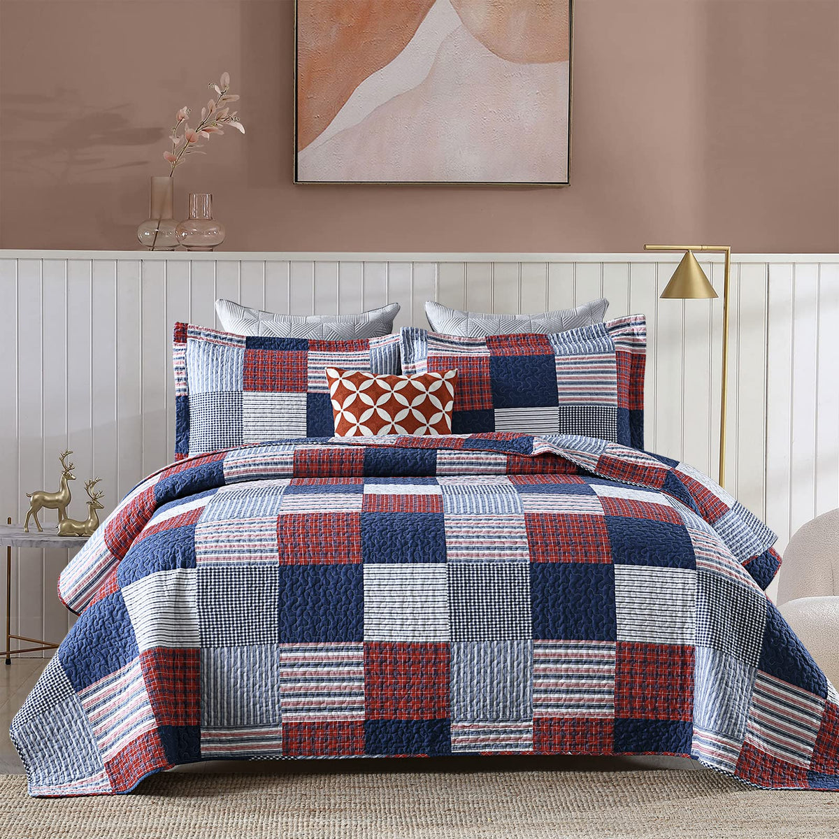 100% Cotton Quilt Set, Patchwork Plaid Quilt Bedding Set Bedspreads, Farmhouse Lightweight Comforter