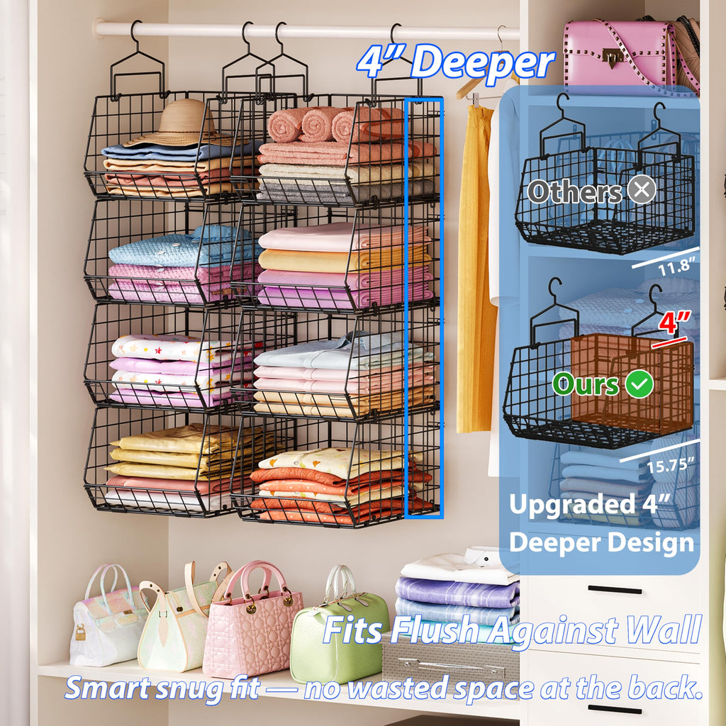 6-Tier Extended Depth Hanging Closet Organizers and Storage for Closet Organization, Stackable Hanging Shelves with