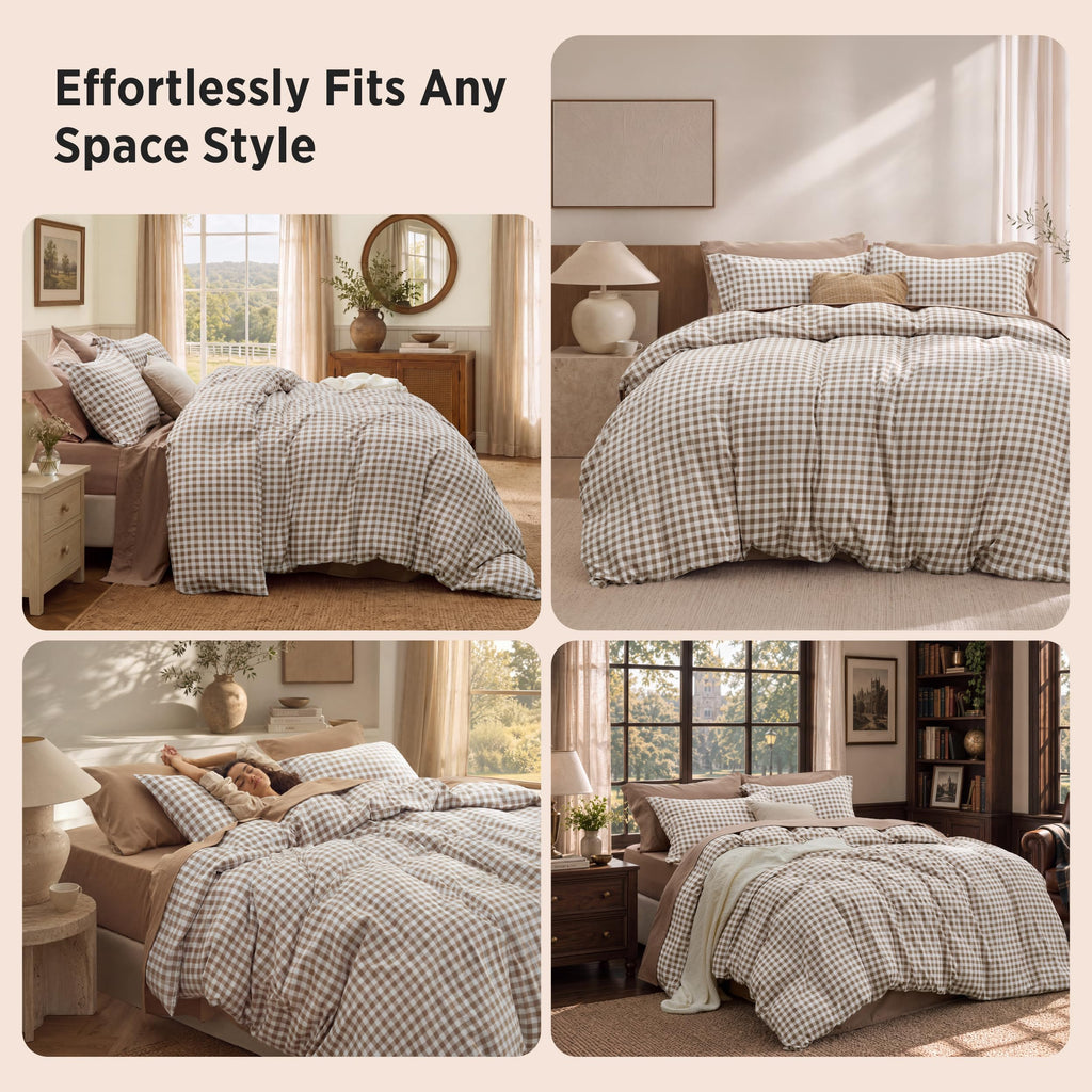 Gingham Duvet Cover Set Cotton-Like Bedding, Brown