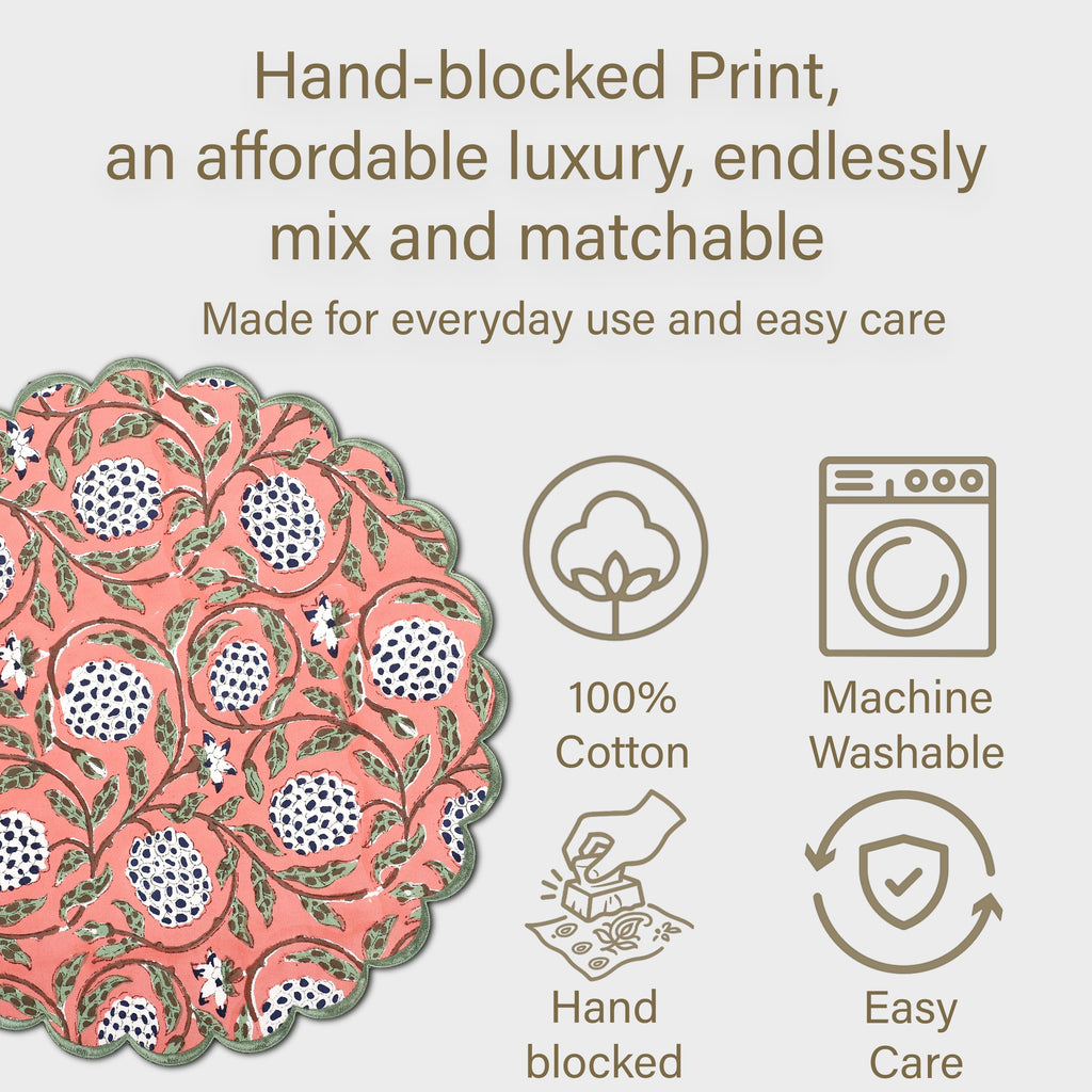 Floral Block Print Round Placemats 15 in, Set of 4, Dark Salmon Pink