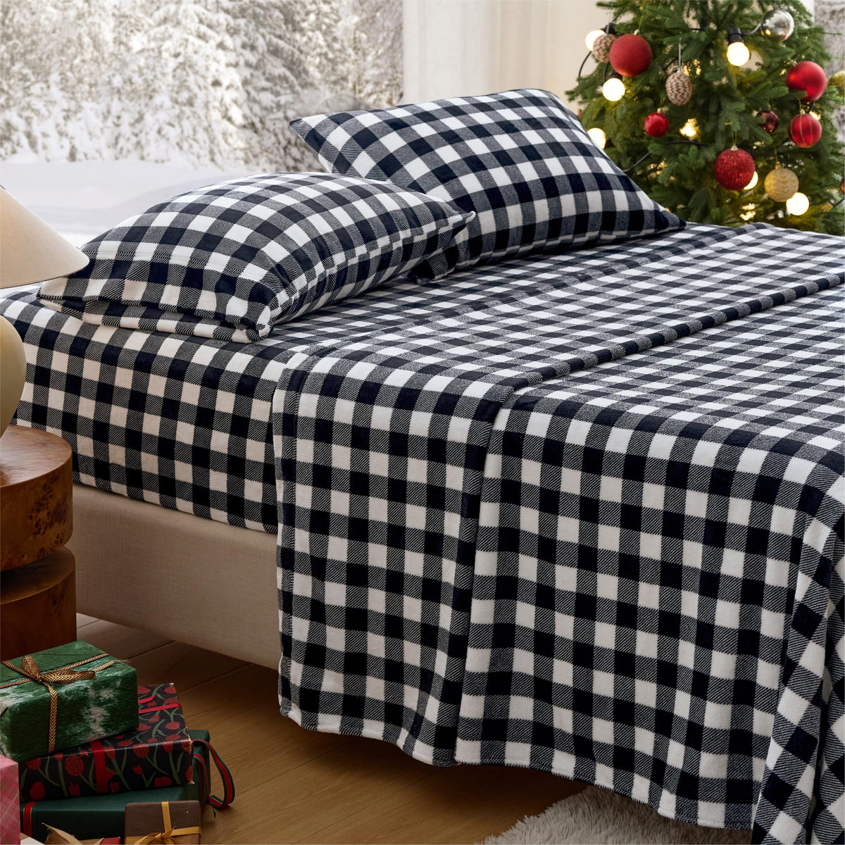 Plaid Fleece Sheets, 4PC Anti-Static & Warm Bed Sheets
