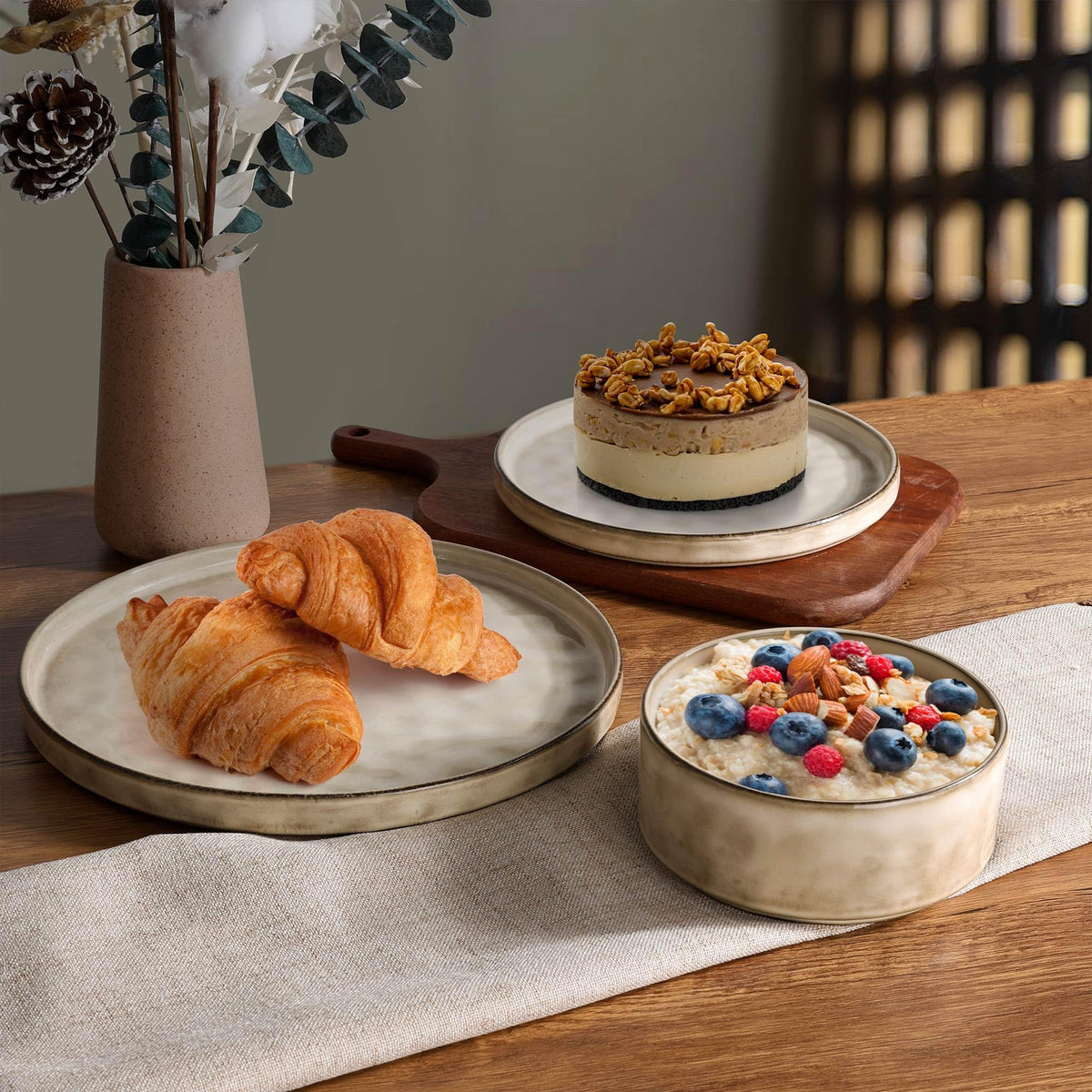 6 Pieces Stoneware Dinnerware Set, Dishes Set for 2, Sandy Beige