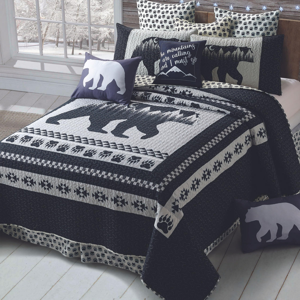 Moon Bear 3-Piece Quilt Set - 90"x90" Reversible Silhouette Cabin Bedding with 2 Standard Pillow Shams