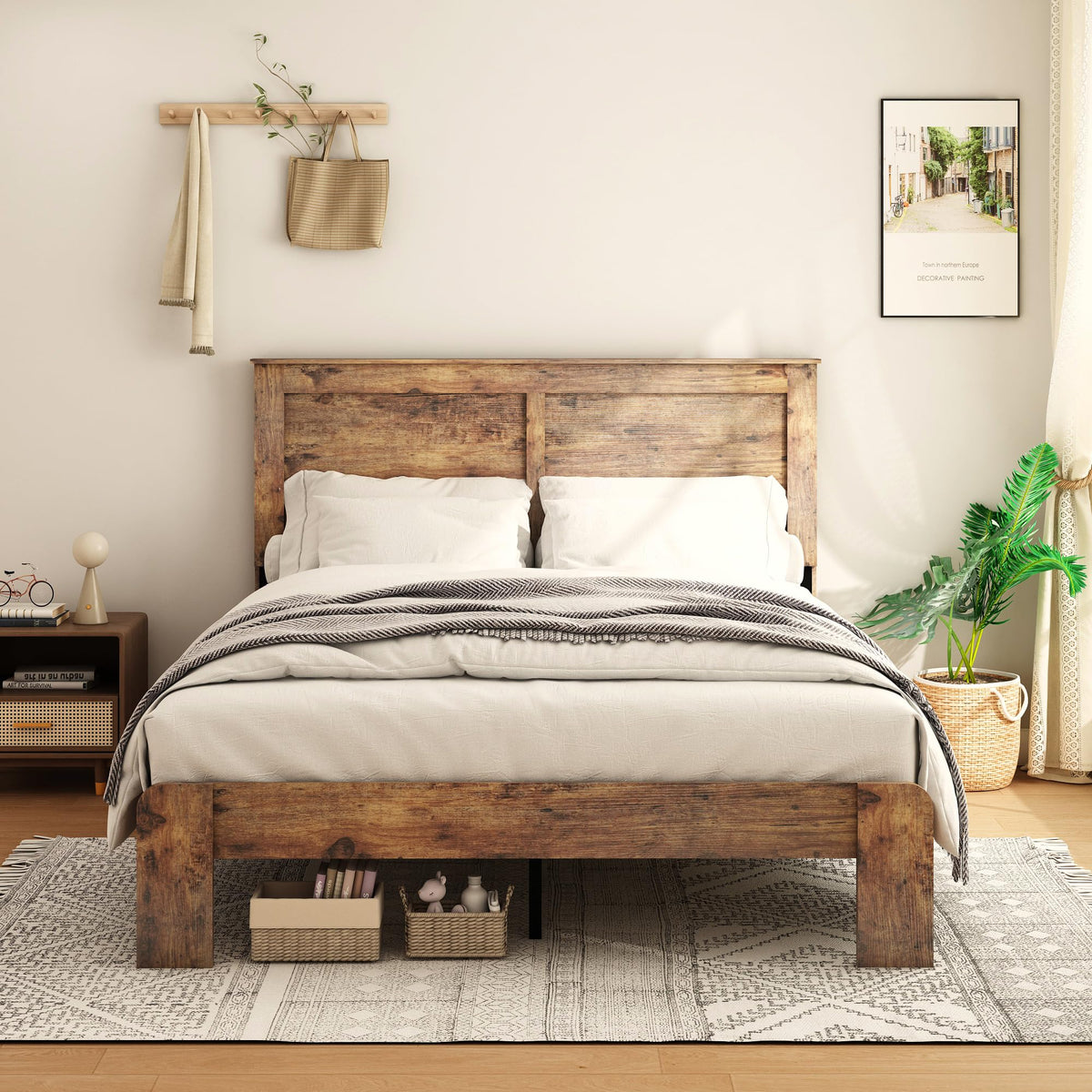 Rustic Vintage Bed Frame with Headboard, Wooden Platform Bed Frame with Wood Slats, Easy