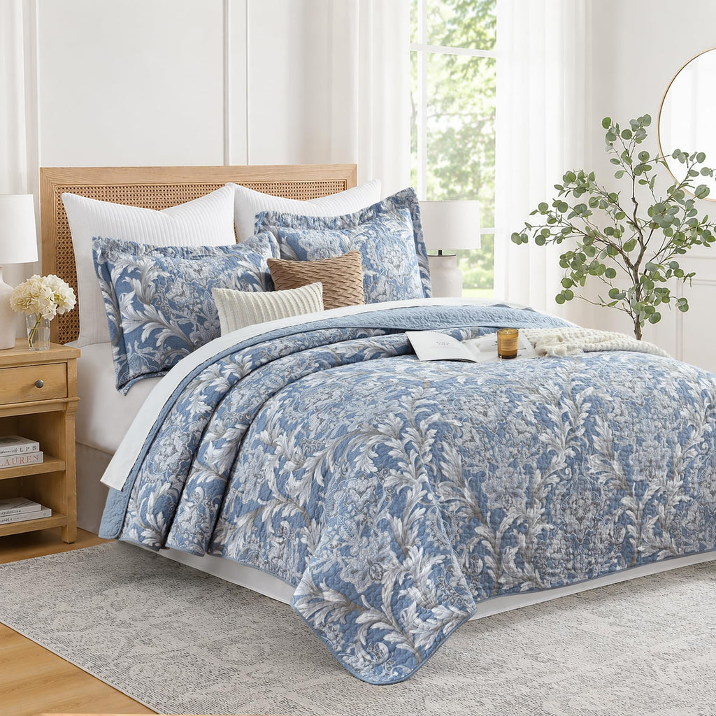 100% Cotton Blue Quilt Set, Damask Bedspread, Dusty Blue