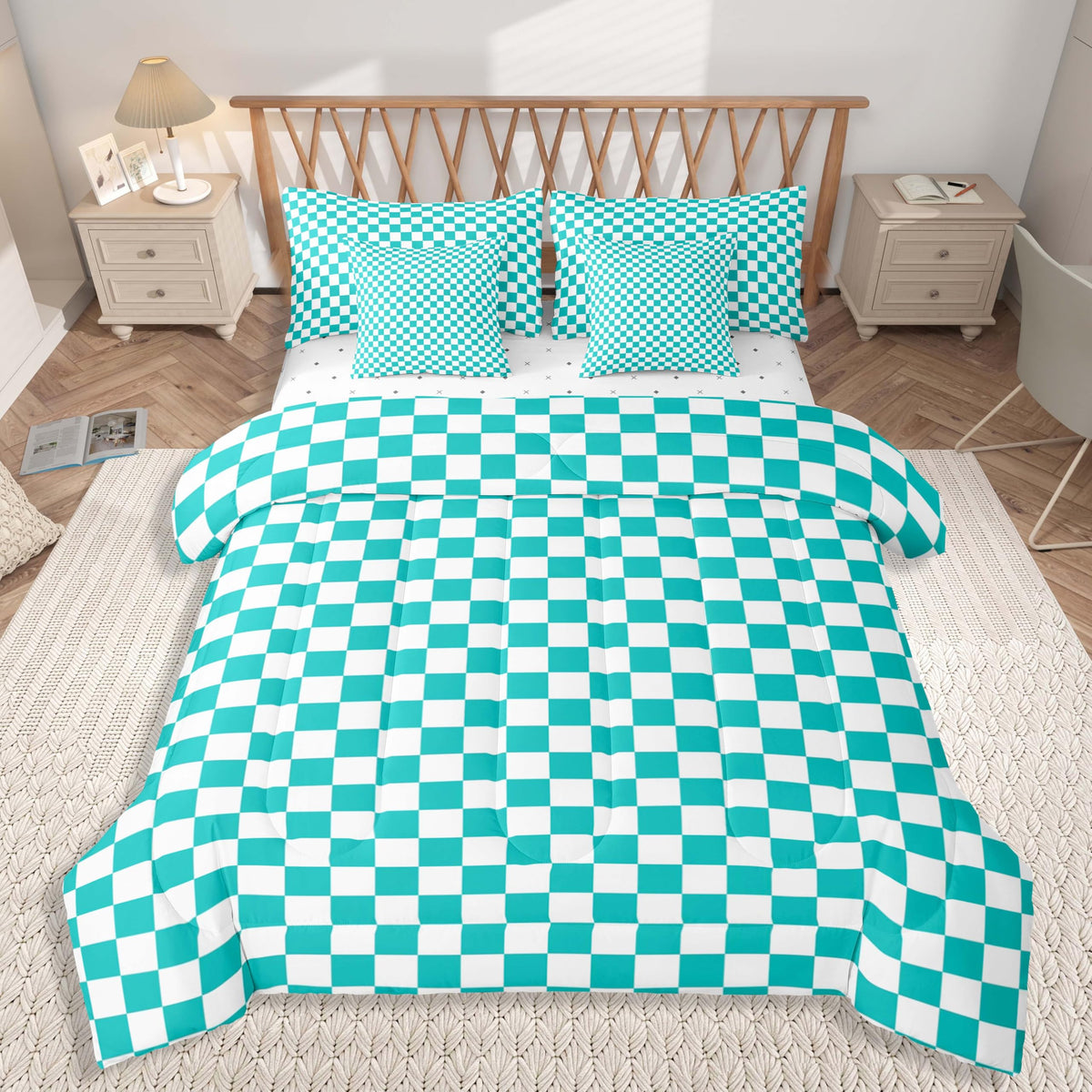 Teal Checkered Comforter Set with Sheets 7 Piece