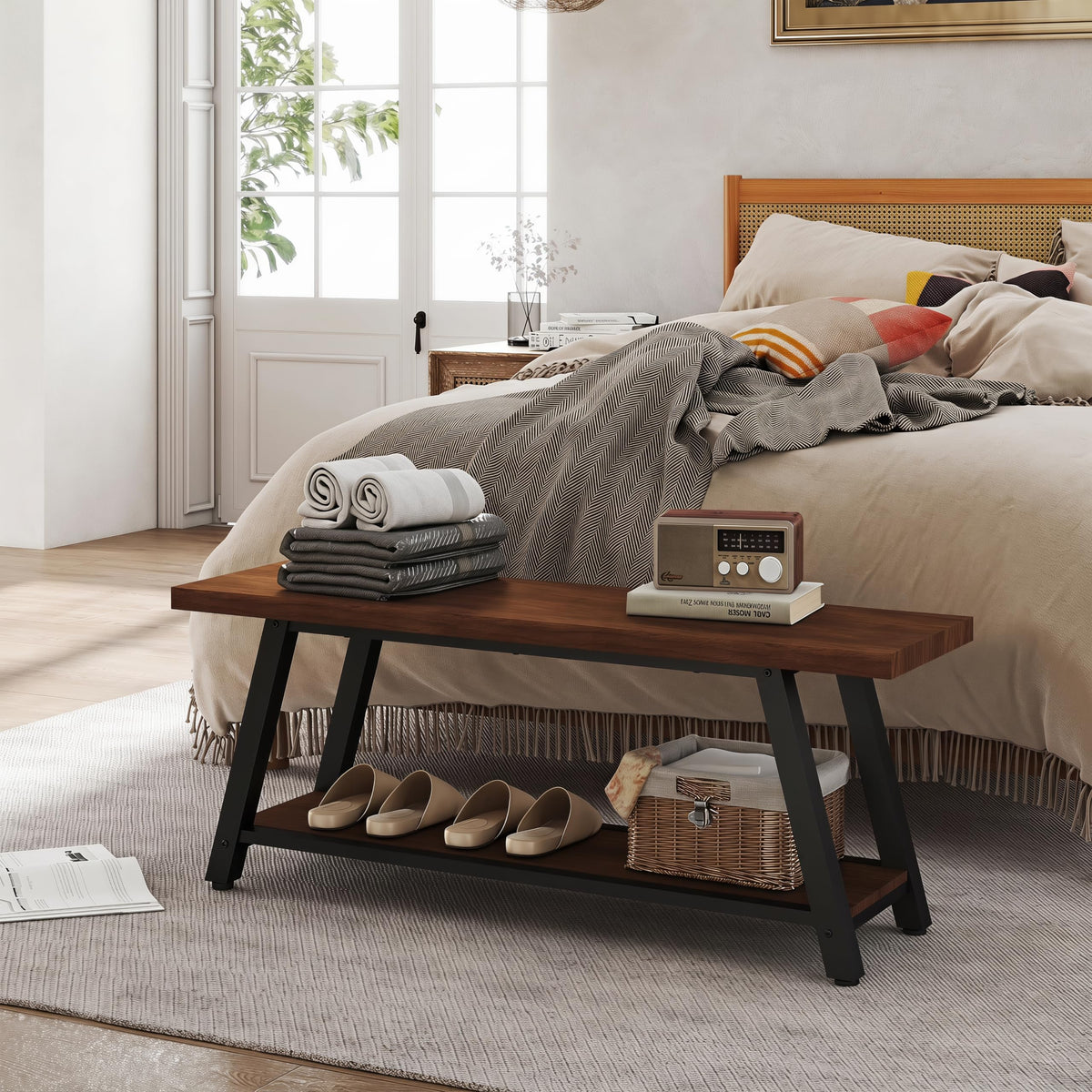 47" Farmhouse Entryway&End of Bed Wood Bench, Walnut