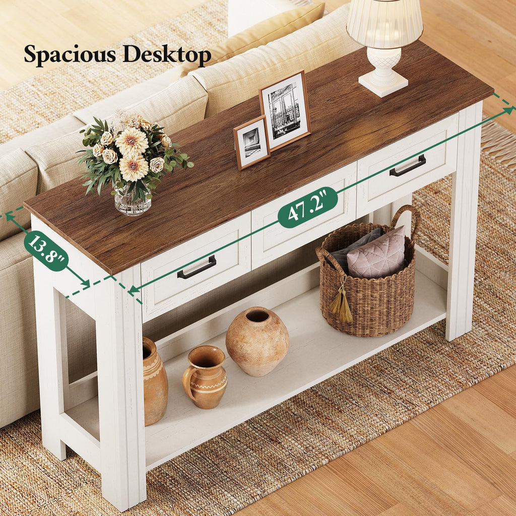 47" Farmhouse Console Table with 3 Drawers, Rustic Entryway Table