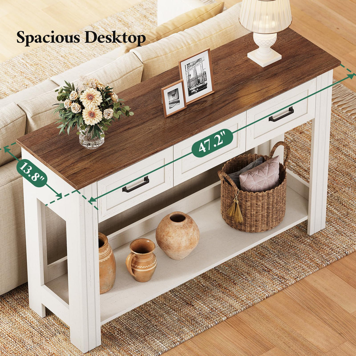 47" Farmhouse Console Table with 3 Drawers, Rustic Entryway Table