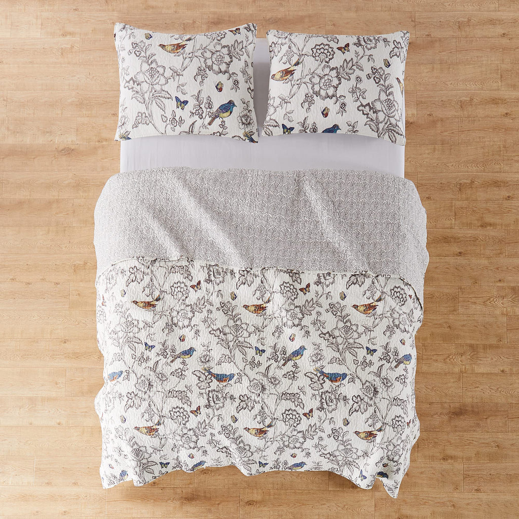 Mockingbird Quilt Set - Quilt 68x86in. + One Standard Pillow Sham 26x20in. - Grey Toile with Birds and