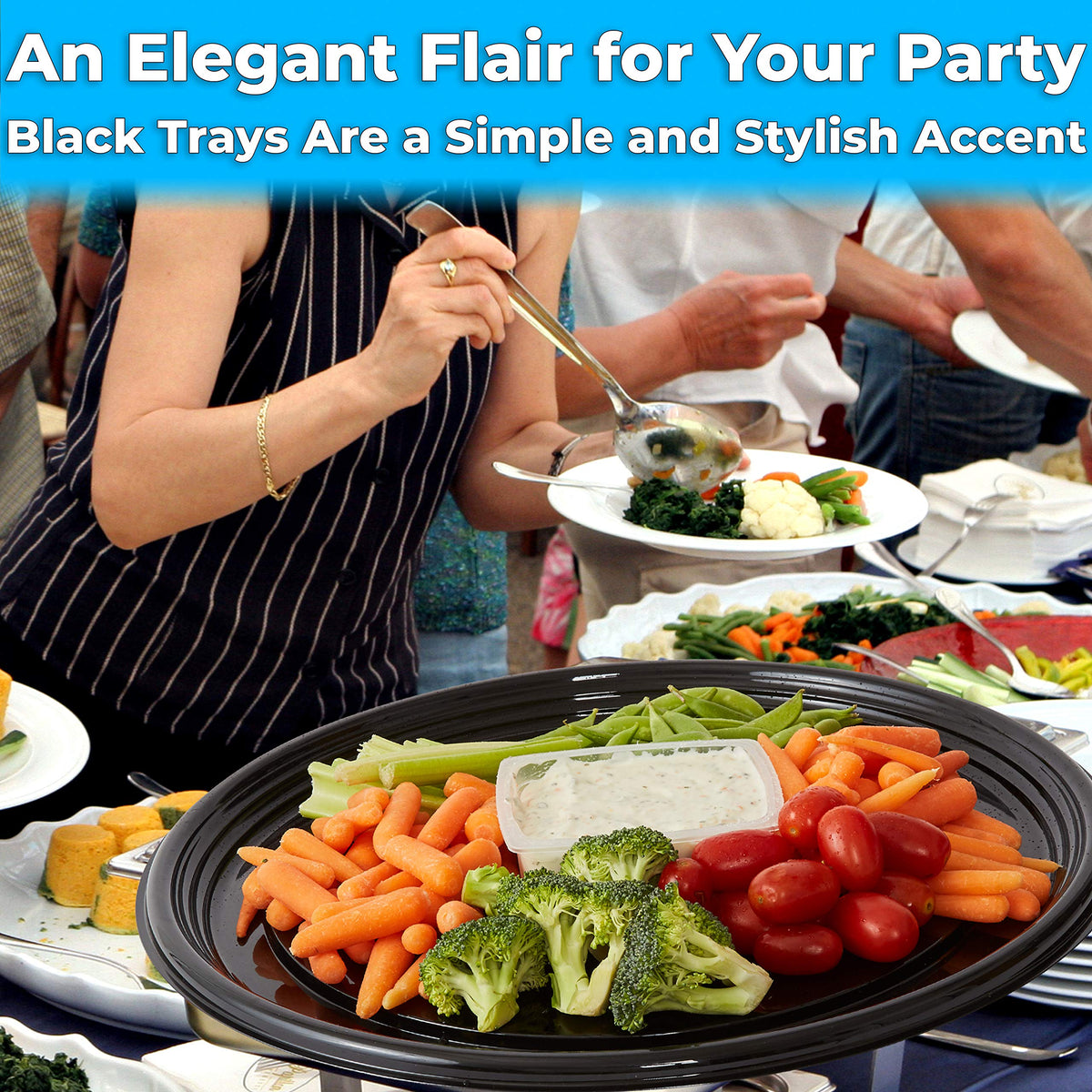 Heavy Duty, Recyclable 16 in. Serving Tray and Lid 10pk. Large, Black Plastic Party Platters with Clear Lids Dishware