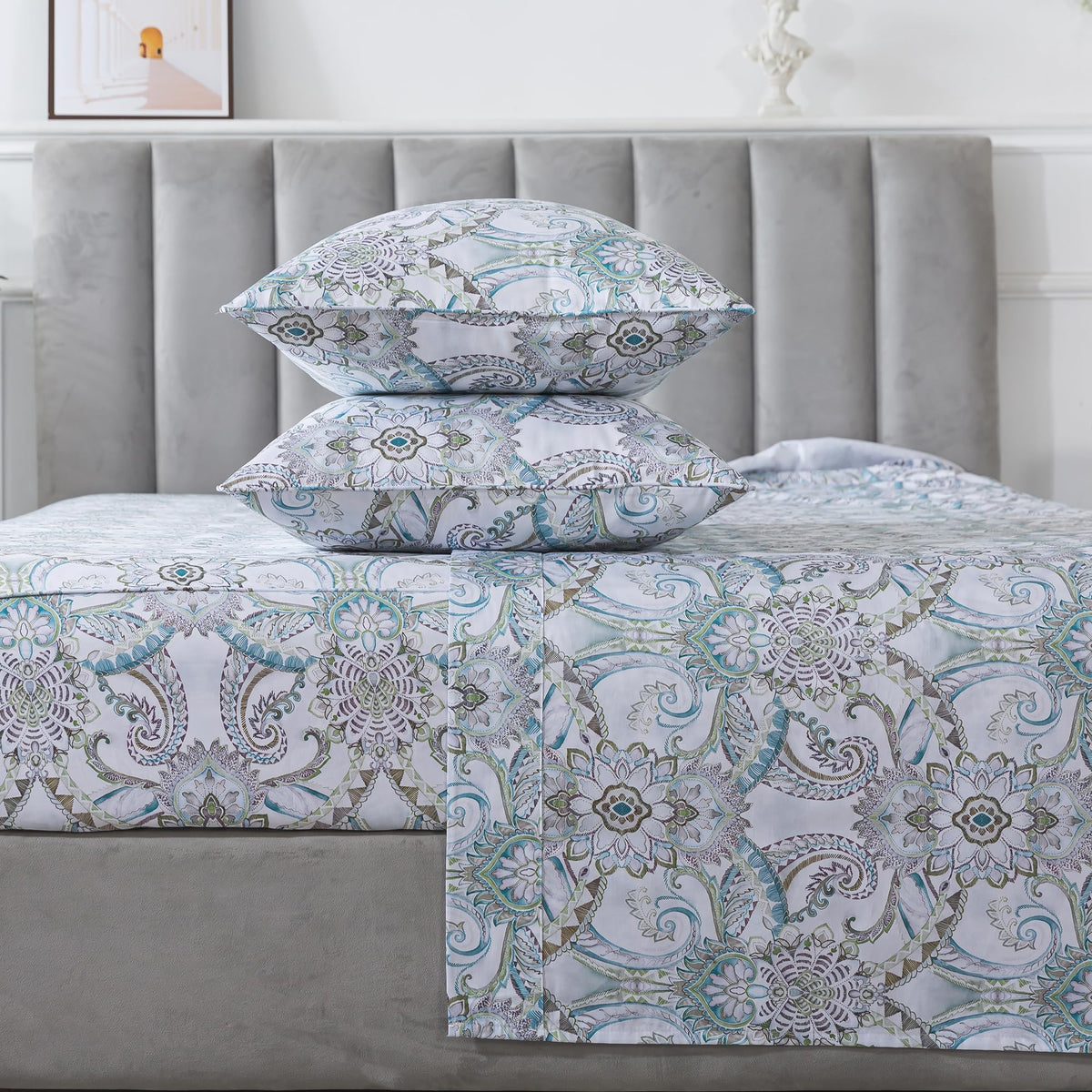 Blue Paisley Sheets Set Full Classic Boho Paisley Bedding Luxurious Bohemian Damask Paisley Bed Sheet Breathable 100%