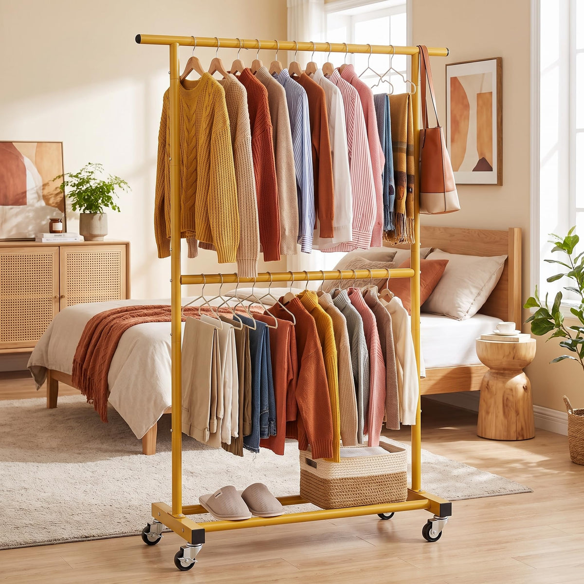 Double Rod Metal Clothing Garment Rack on Wheels, Gold