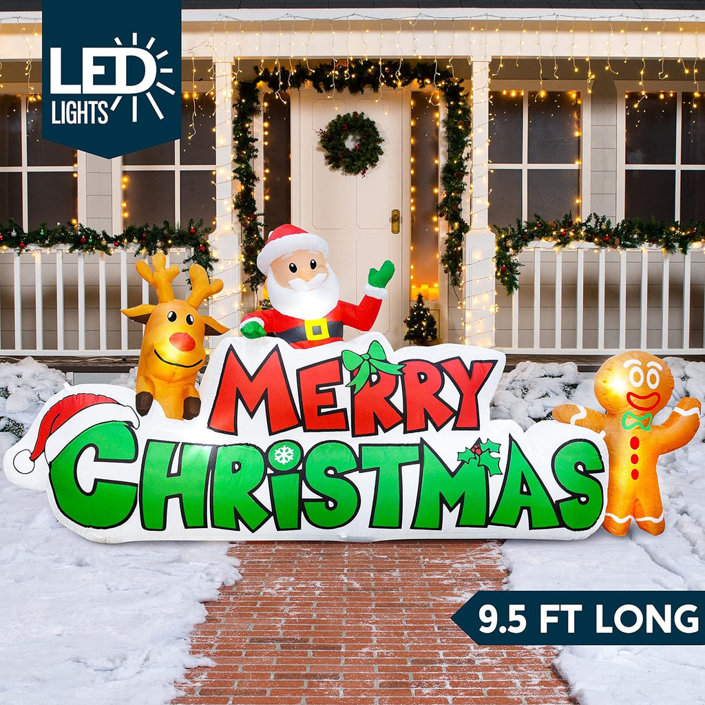 9.5 FT Christmas Inflatable Merry Christmas Sign with Santa, Reindeer & Gingerbread Man - Built-in LEDs, Outdoor Yard