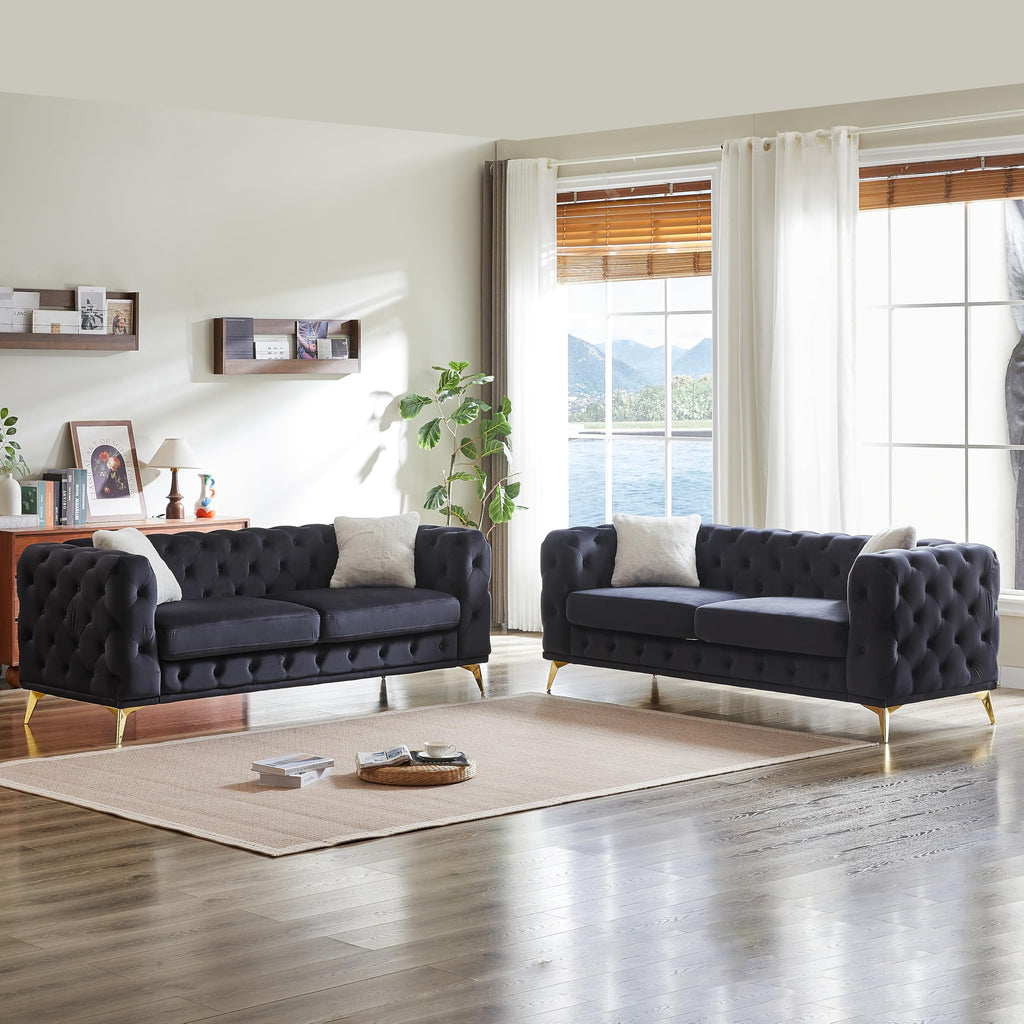2-Piece Luxury Chesterfield Sofa Set with 2 3-Seater Sofa, Mid-Century 6-Seater Tufted Buttons Couch Set with 4