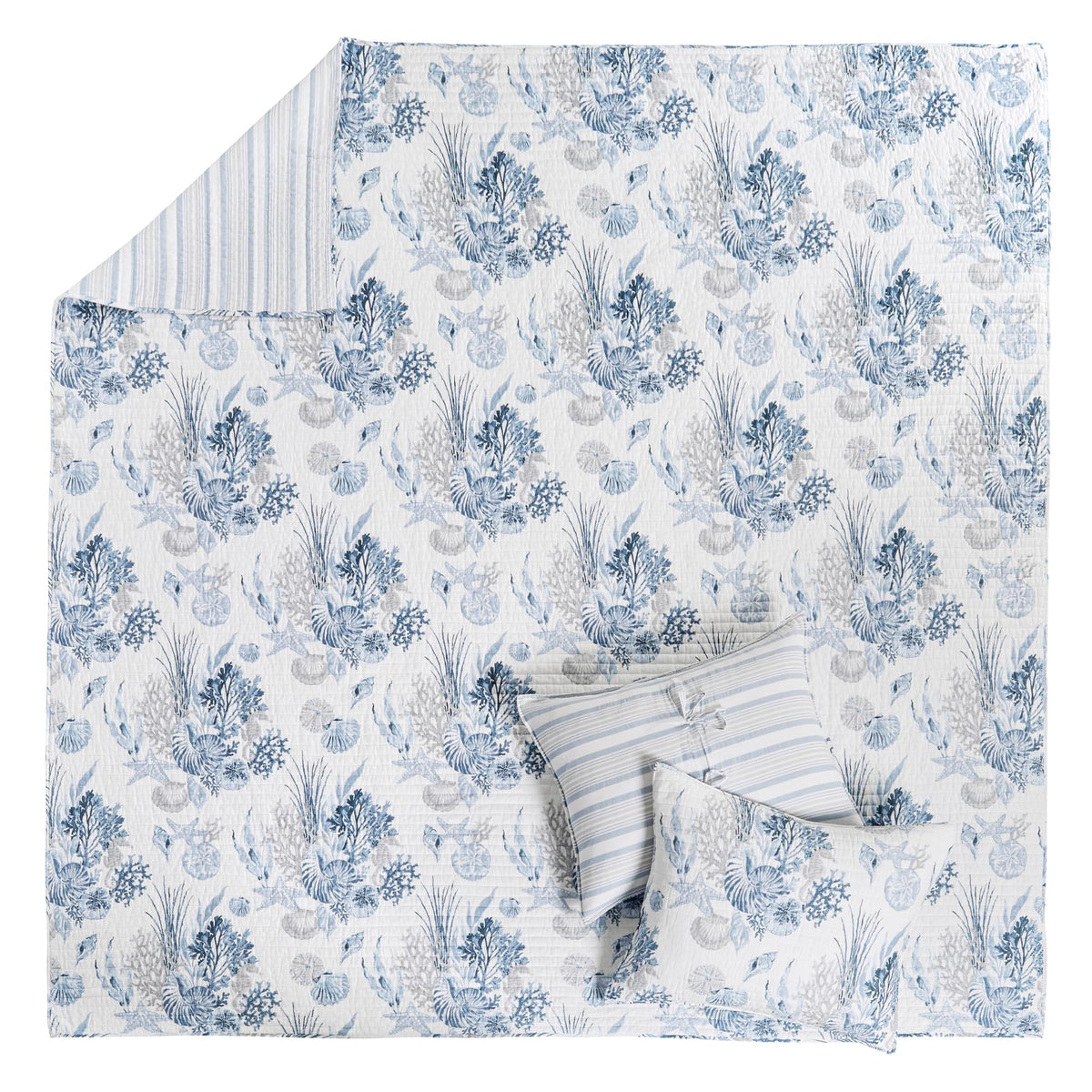 Coral Landing Quilt Set - Quilt and One Standard Sham - Coastal - Navy Blue Grey White - Quilt (68x86in.) and