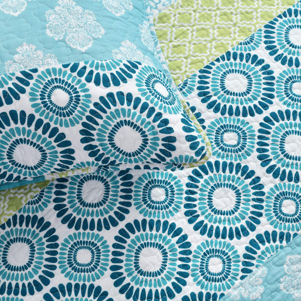 Bohemian Stripe Reversible Cotton Quilt Set, 3 Piece Set, Blue & Green - Striped Bedding Set - Blue Quilt