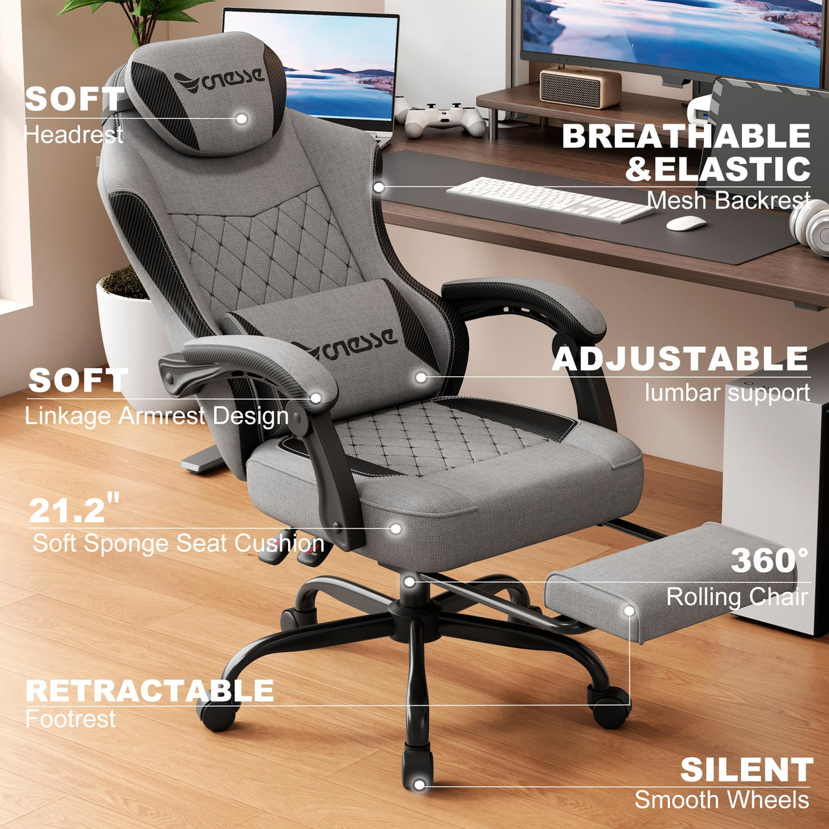 Gaming Chair, Desk Chair with Linen Breathable Mesh Fabric, Office Chair with Adjustable Lumbar Support, Computer