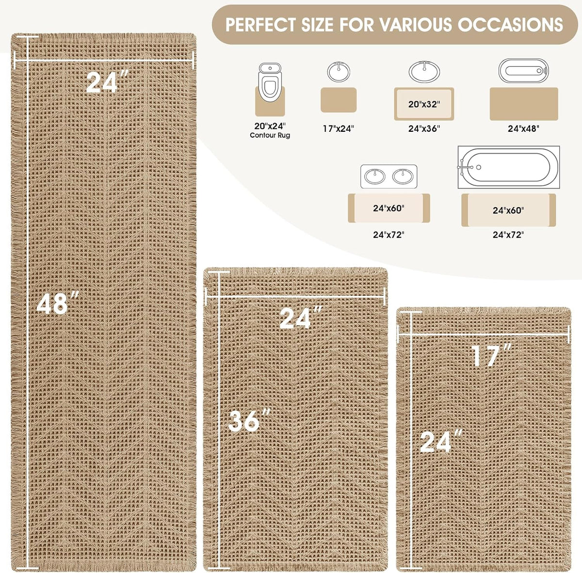 Upgraded Waffle Bath Mat Set 3 Piece Beige-Herringbone, Super Absorbent Non-Slip Quick Dry Bathroom Rugs with