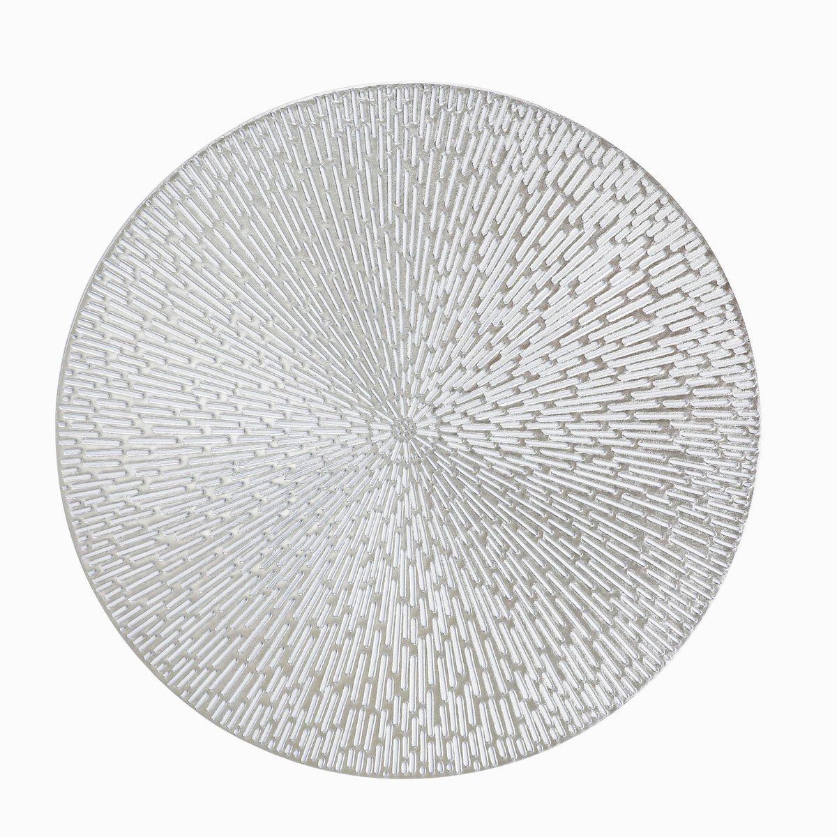 Silver Round Placemats Set of 6, 15 Inch Metallic Pressed Vinyl Place Mats, Easy Clean Non Slip Heat Resistant