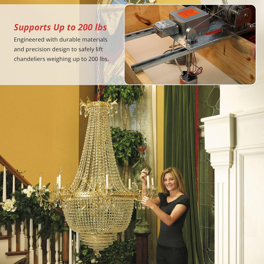 200 lb Motorized Chandelier Lift System with Remote Control, Residential Grade, Remote Mount – Light-Duty