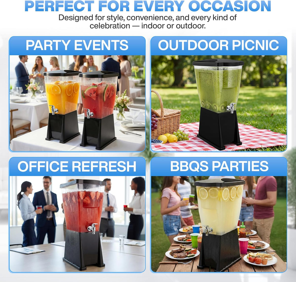 Large Drink Dispenser for Parties (3 Gallon) Slim Plastic Beverage Dispenser with Base for Counter Tops, No Mess