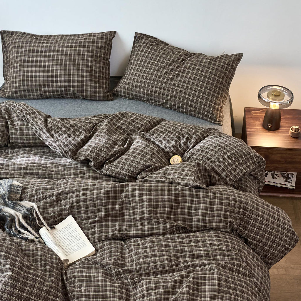 Vintage Buffalo Plaid Duvet Cover Set, 3 Piece Washed Cotton Brown Gingham Duvet Cover with 2 Pillowcases