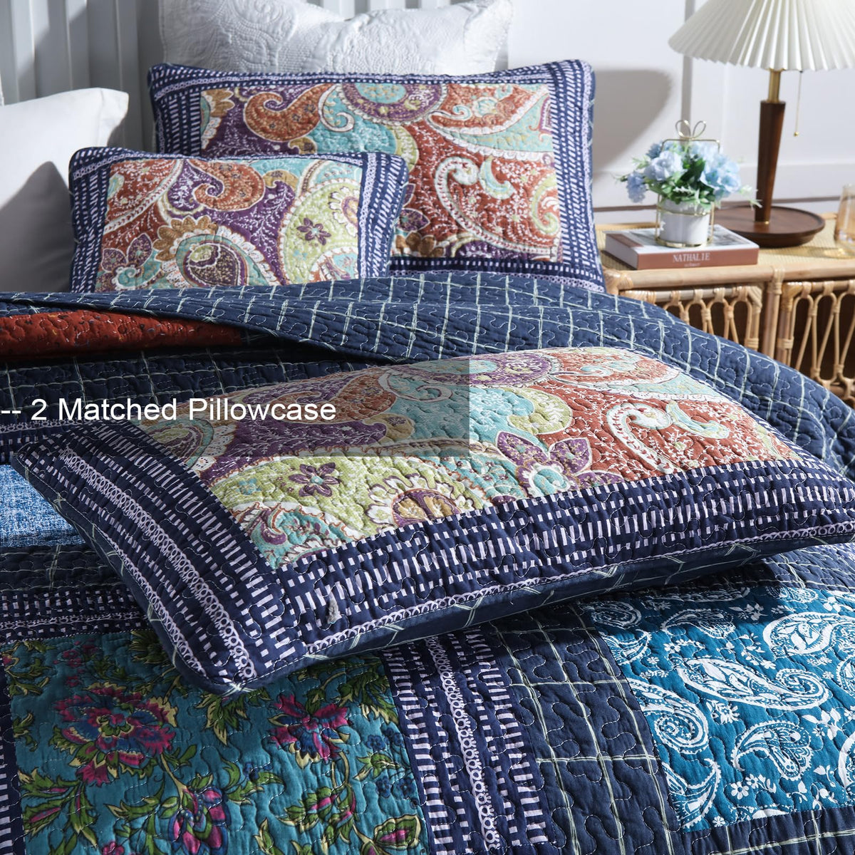King Quilt Sets, 100% Cotton Quilts King Size, Navy Bedspreads, Patchwork with Retro Paisley Patterns, 3-Piece