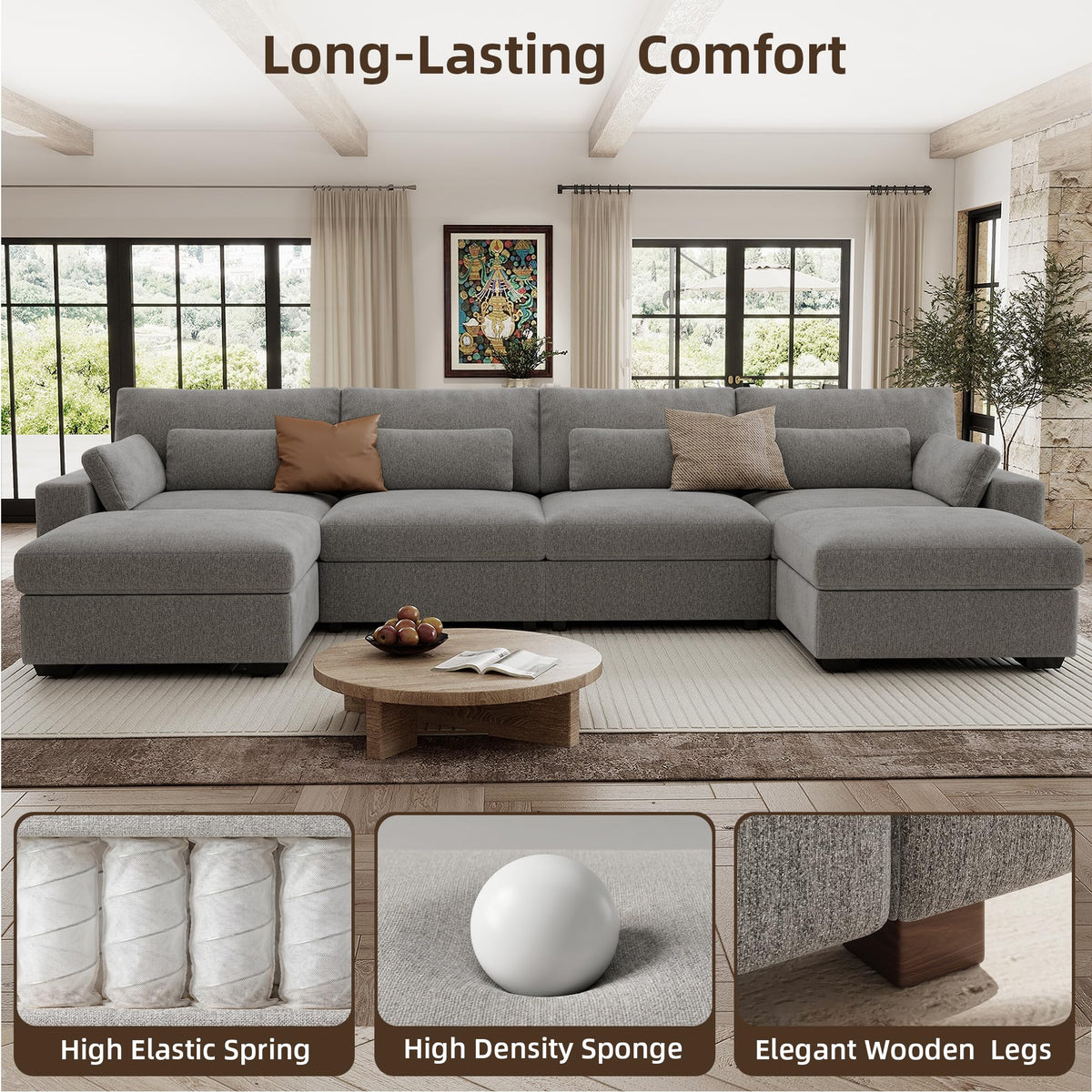146.5'' Modular Sectional Sofa, U Shaped Oversized Extra Deep Couches, 4-Seat Chenille Couch with Wooden Legs