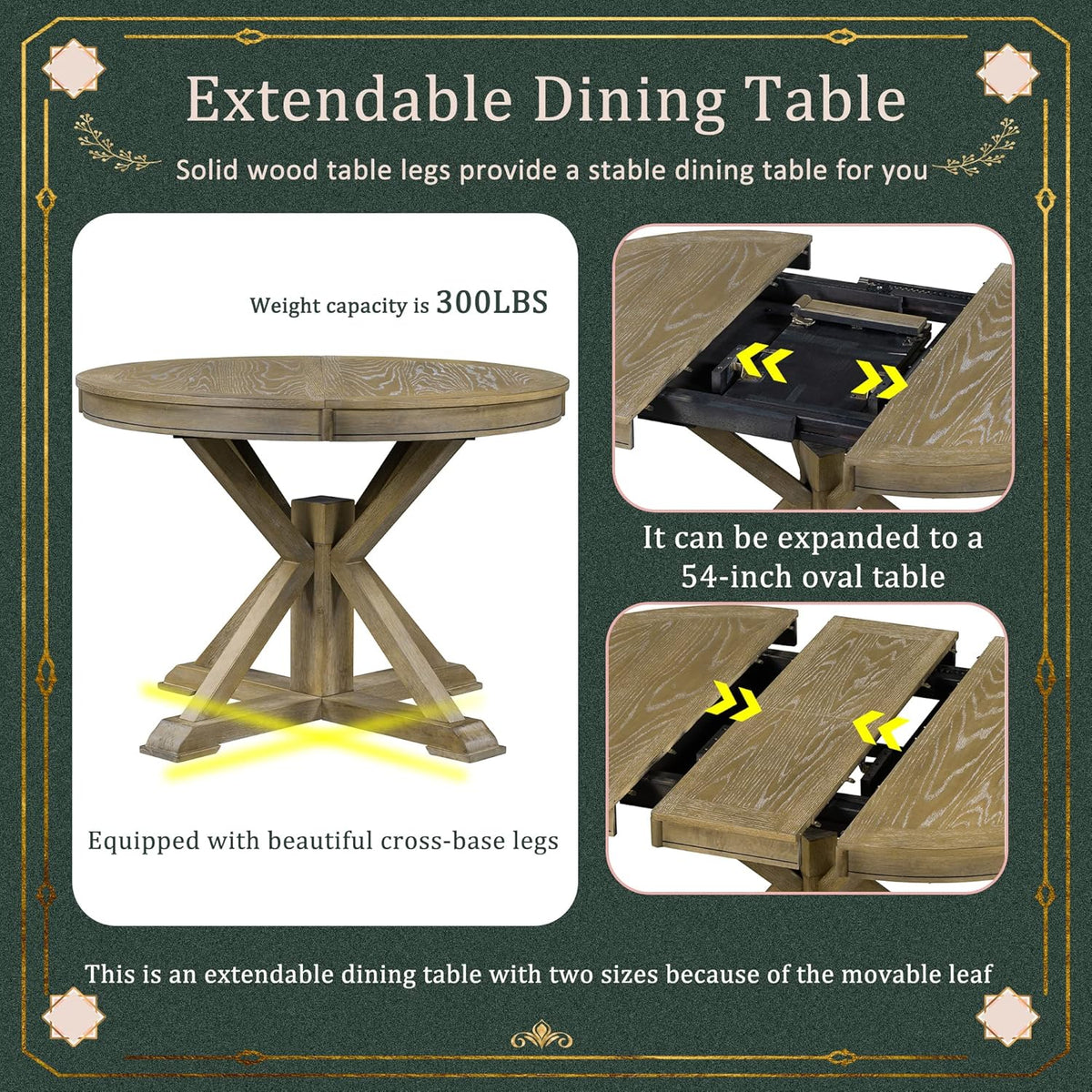 54" Round Extendable Dining Table for 4-6, Mid Century Modern Wood Table for Kitchen, Restaurant, Cafe, Natural