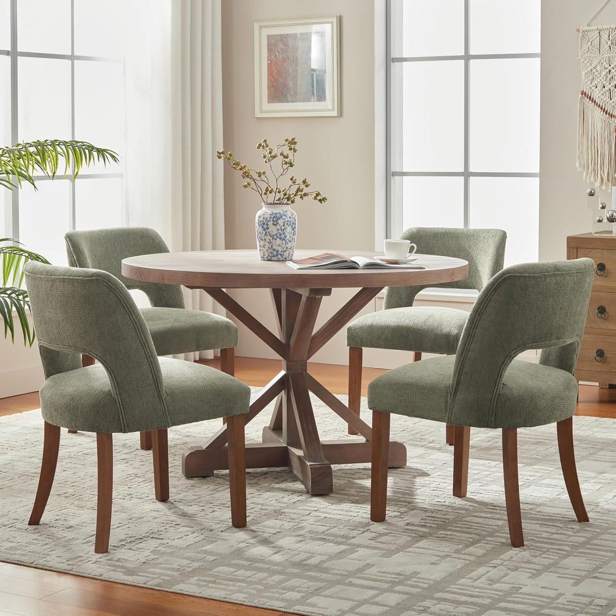 Wooden Dining Chairs Set of 4, Modern Fabric Upholstered Dining Room Chair Kitchen Chairs, Farmhouse Dinner Chair for