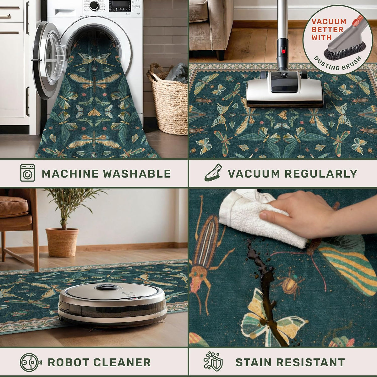 Teal Entryway Rug - Door Rug Indoor for Large Kitchen, Living Room, Washable Low Pile Insect Décor