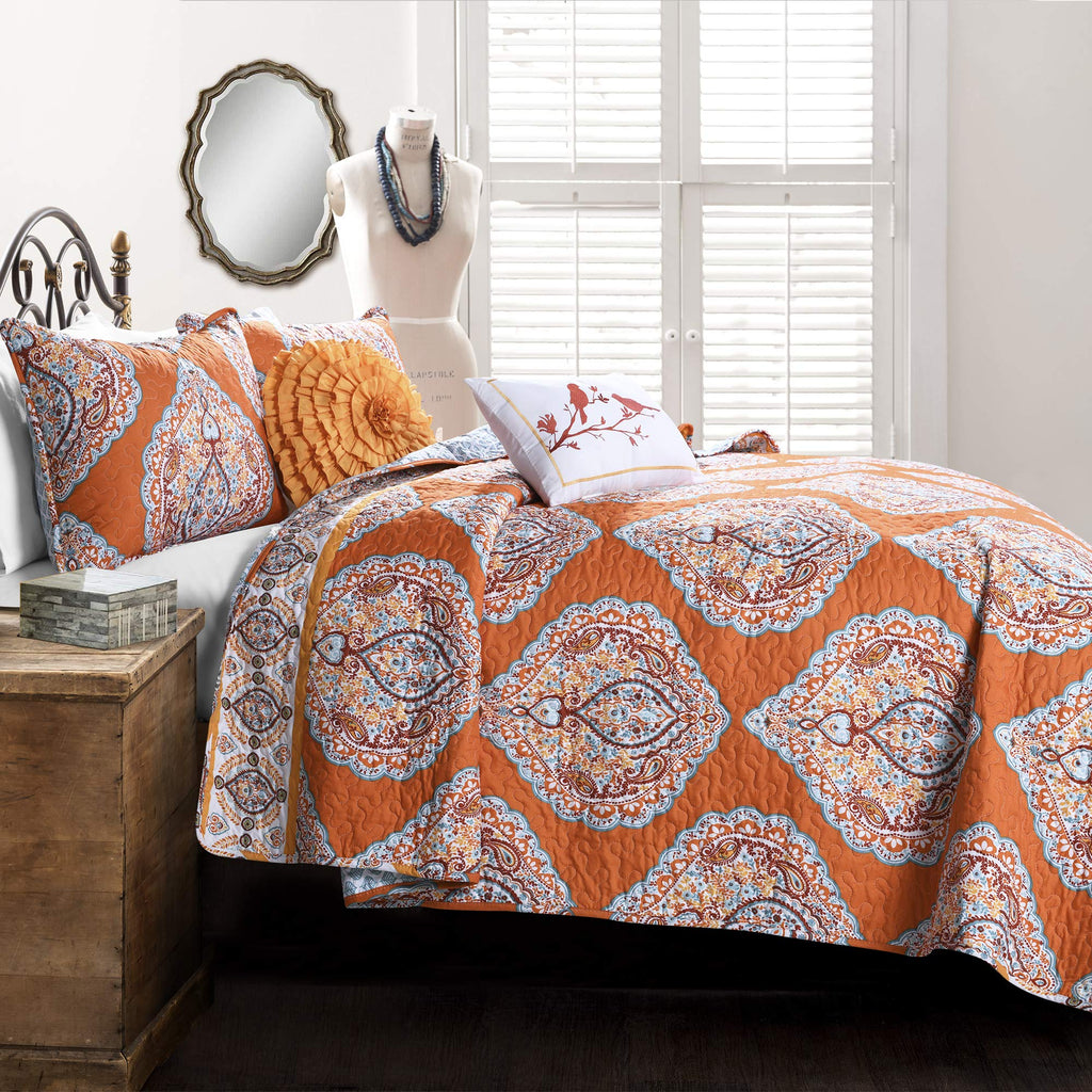 Harley Reversible Quilt Set, 5 Piece Set, King, Tangerine - Boho Bedding Set - Orange Quilt - Bold & Colorful Paisley