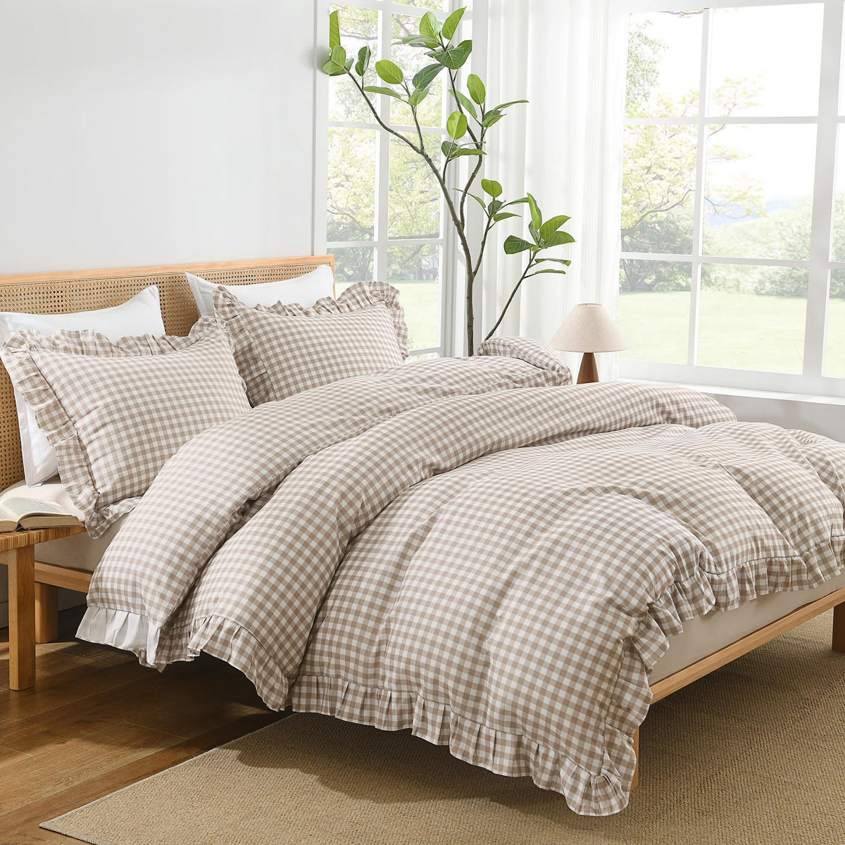 Tan Gingham Duvet Cover, Ruffle Shabby Chic Bedding Set 3 Pcs