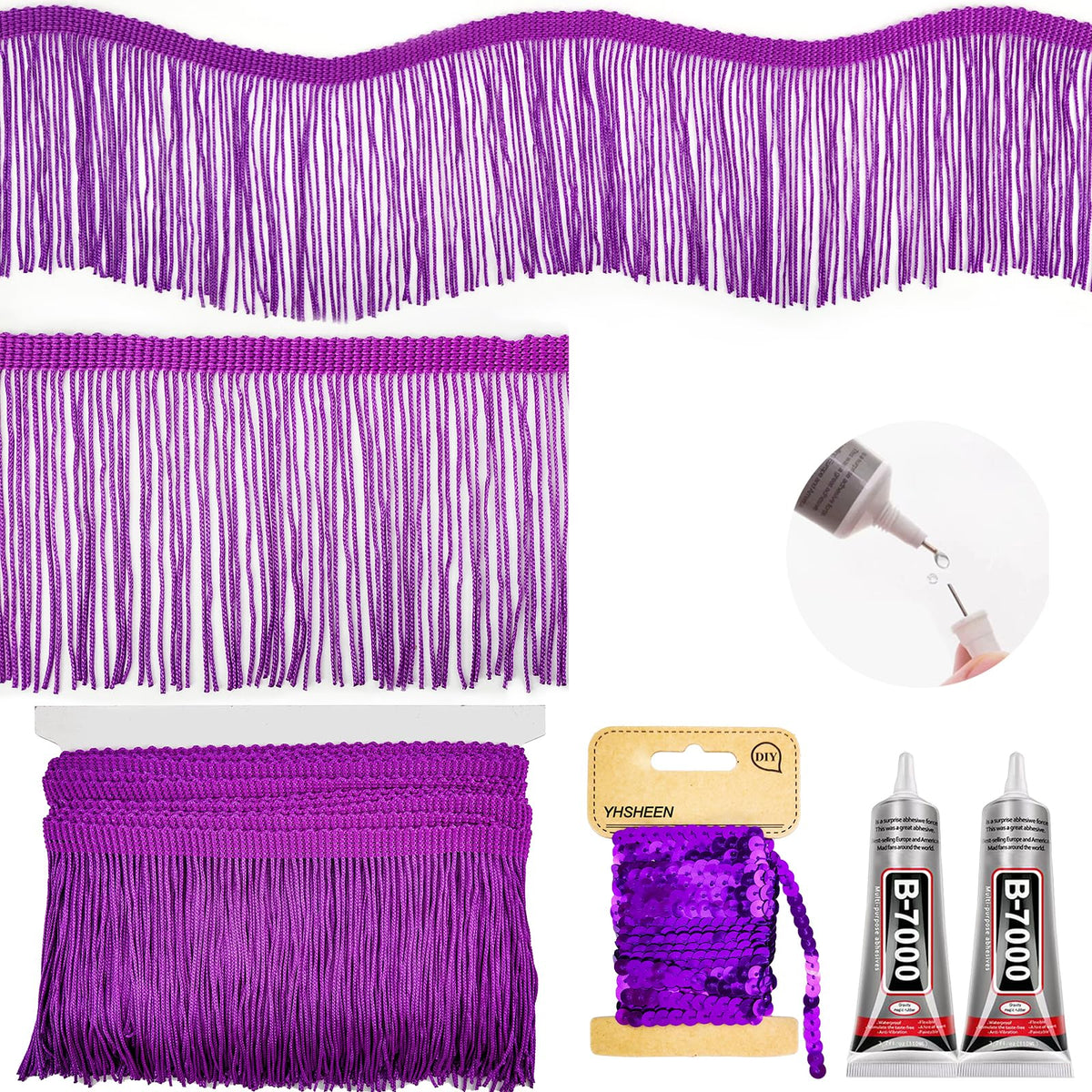 Purple Fringe, 5 Yards X 4 Inch Fringe Trim with B7000 Glue, Tassels Trim for Crafts, Polyester Fibre Sewing Fringe