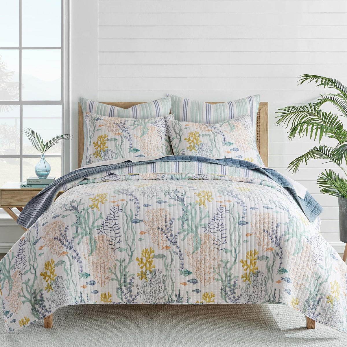 Ocean Meadow Quilt Set - Quilt and One Standard Sham - Coastal - Teal, Blue, Coral, White and Ochre - Quilt